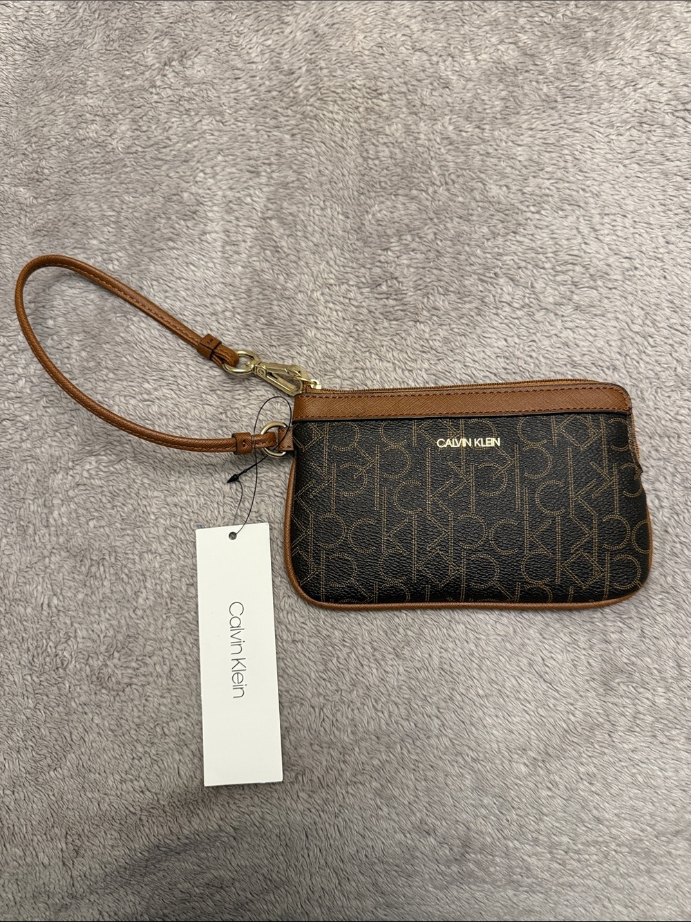 Calvin Klein Brown Logo Wristlet with Tan Trim